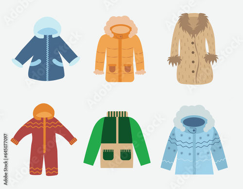 A set of winter and autumn outerwear, jackets, raincoats, coats, overalls. Vector flat illustration
