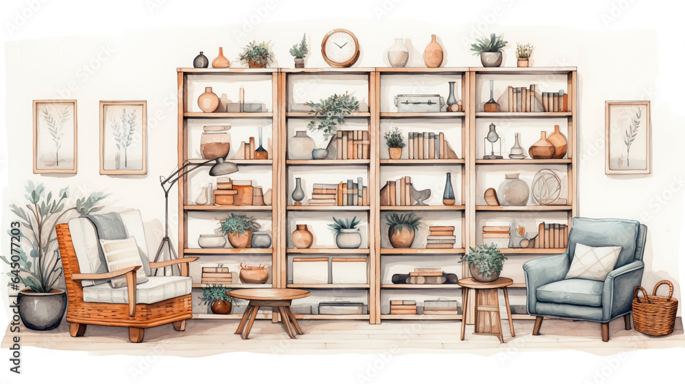 Obraz premium Watercolor illustrations of eclectic living room design with built-in furniture, Generative AI