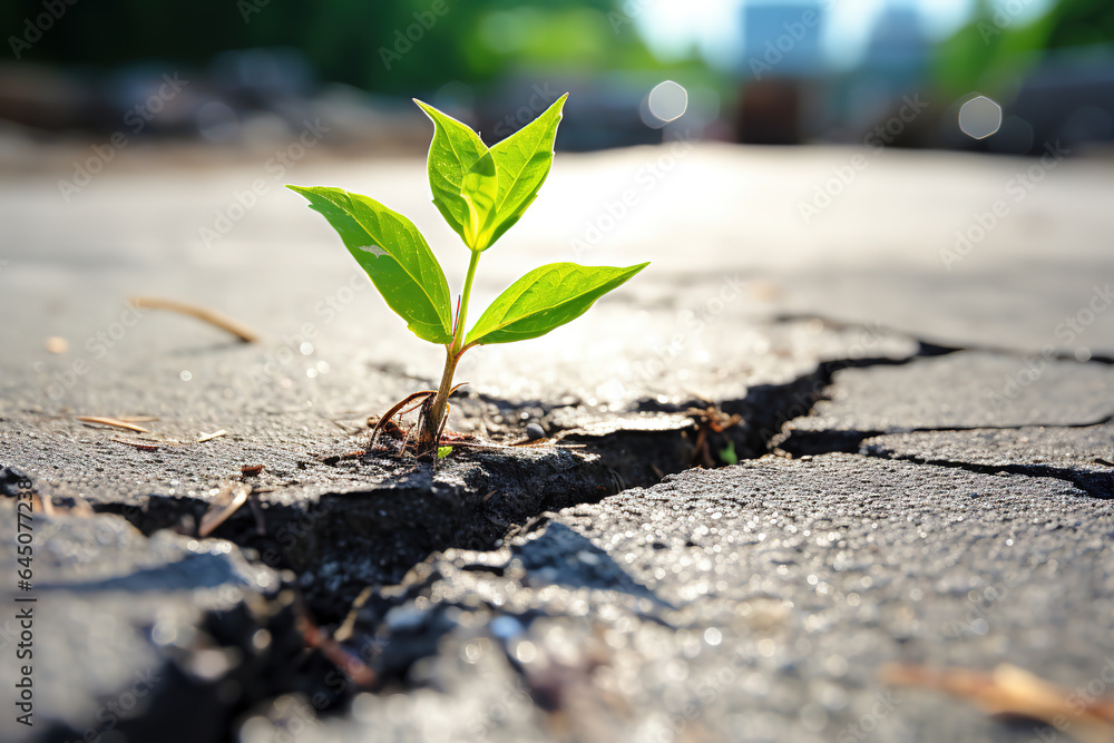 A small green plant sprout sprouted through a crack in the asphalt, generative ai A small green plant sprout sprouted through a crack in the asphalt, generative ai