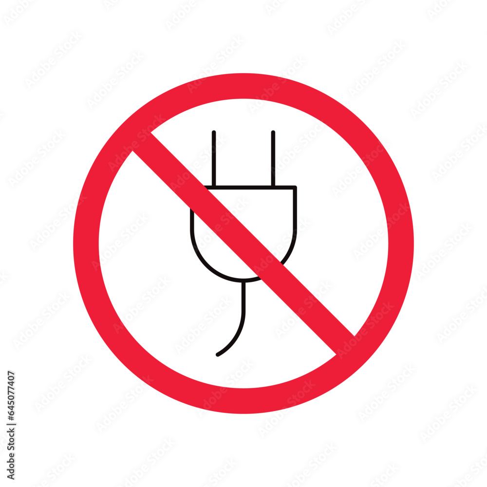 No plug icon. Forbidden plug connection icon. Do not connect plug vector sign. Prohibited plug vector icon. Warning, caution, attention, restriction flat sign design. No plug icon. Forbidden plug connection icon. Do not connect plug vector sign. Prohibited plug vector icon. Warning, caution, attention, restriction flat sign design.