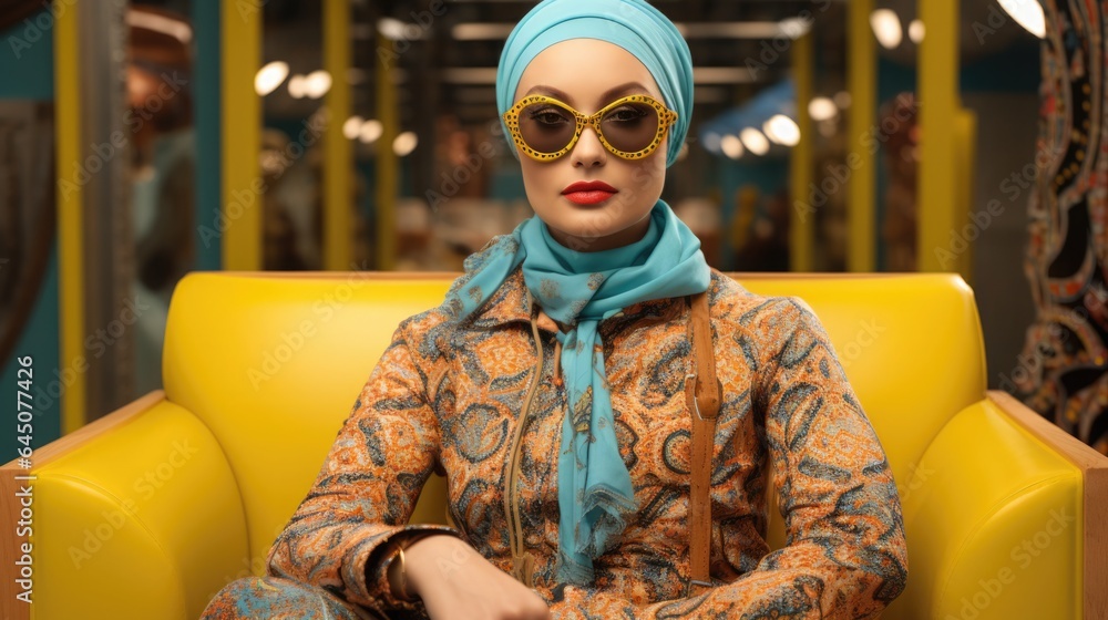 Portrait of a beautiful Muslim woman in a headscarf in a fashion store, blurred interior.