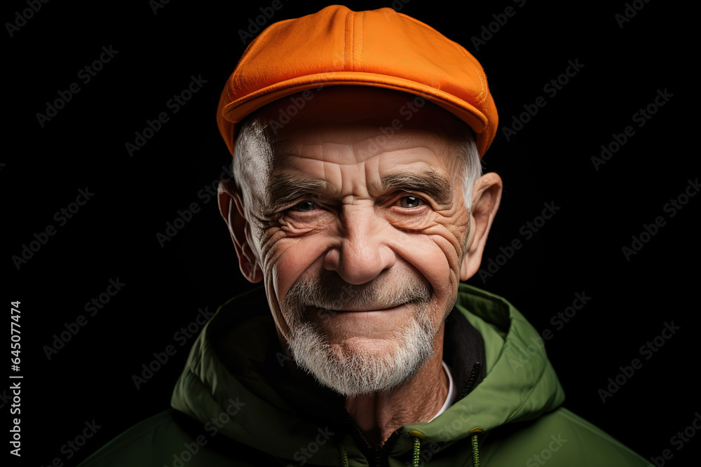 Close up portrait of happy 70-year-old optimist man with smiling wrinkled face, dressed in hipster orange hat and green hoodie, isolated over black background. generative ai Close up portrait of happy 70-year-old optimist man with smiling wrinkled face, dressed in hipster orange hat and green hoodie, isolated over black background. generative ai