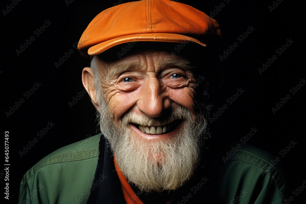 Close up portrait of happy 70-year-old optimist man with smiling wrinkled face, dressed in hipster orange hat and green hoodie, isolated over black background. generative ai Close up portrait of happy 70-year-old optimist man with smiling wrinkled face, dressed in hipster orange hat and green hoodie, isolated over black background. generative ai