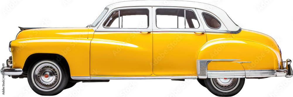 Generative Ai – classic yellow vintage car isolated on transparent background - obrazy, fototapety, plakaty 