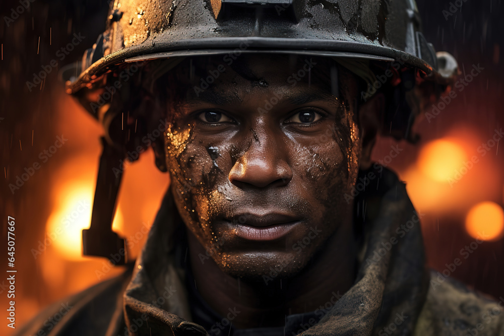 dramatic portrait of a firefighter, soot-covered and weary, yet determined, with flames and smoke in the background, generative ai dramatic portrait of a firefighter, soot-covered and weary, yet determined, with flames and smoke in the background, generative ai