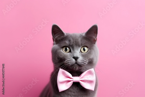 Cute gray cat sitting in a bow tie on a pink background. Postcard with a cat for Valentine's Day, Spring, Women's Day, generative ai
