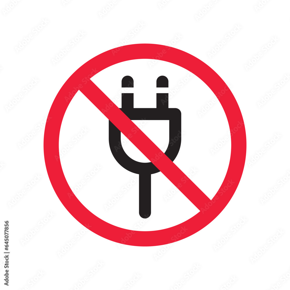 No plug icon. Forbidden plug connection icon. Do not connect plug vector sign. Prohibited plug vector icon. Warning, caution, attention, restriction flat sign design. No plug icon. Forbidden plug connection icon. Do not connect plug vector sign. Prohibited plug vector icon. Warning, caution, attention, restriction flat sign design.