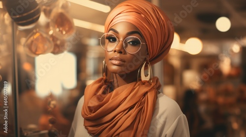 Portrait of a beautiful Muslim woman in a headscarf in a fashion store, blurred interior.