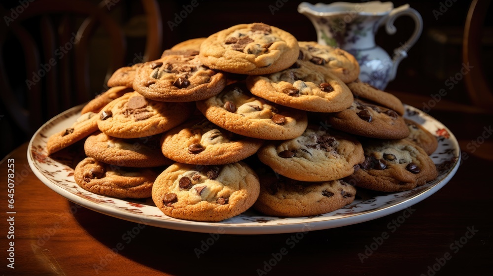 Picture of a plate with a delicious assortment of chocolate chip cookies.