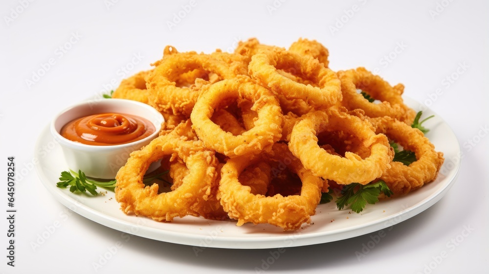 Picture of a plate filled with golden crispy onion rings. Picture of a plate filled with golden crispy onion rings.