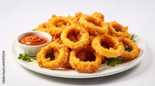 Picture of a plate filled with golden crispy onion rings.