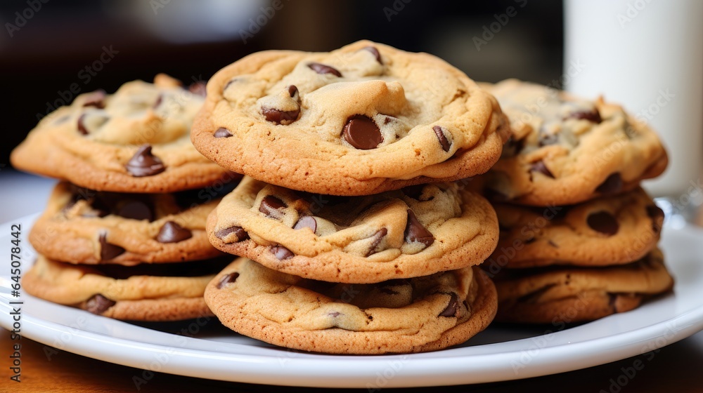 Image of a stack of freshly baked chocolate chip cookies.