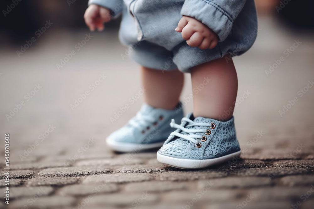 Little baby wearing blue jeans and light blue shoes walking on the street