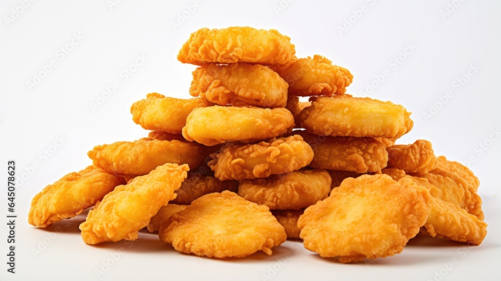 Close-up of a stack of golden and crispy chicken nuggets. Close-up of a stack of golden and crispy chicken nuggets.