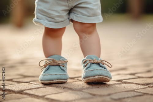 Little baby wearing blue jeans and light blue shoes walking on the street © aitstry