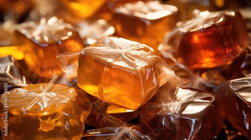 Close-up of a delicious assortment of caramel candies in beautiful packaging.