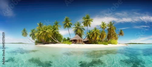 An idyllic island escape with palm trees  clear blue waters  and a peaceful atmosphere.