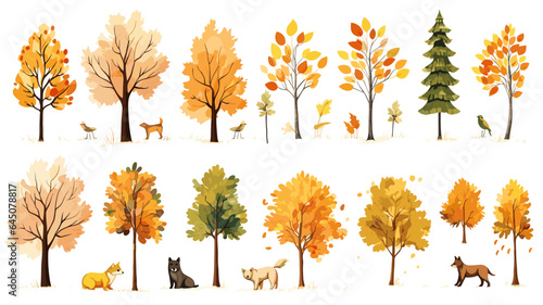 autumn trees, set of vector illustrations of cute trees and shrubs: oak, birch, aspen, linden, fir, sun and dog, different shapes of trees in autumn colors. Isolated on white background.