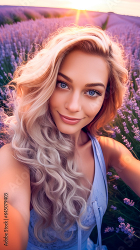 Beauty Amidst Lavender Waves. Selfie of a Girl in the Field