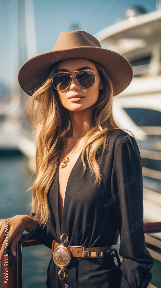 Elegant Woman Posing by the Luxury Yachts at the Seaport Elegant Woman Posing by the Luxury Yachts at the Seaport