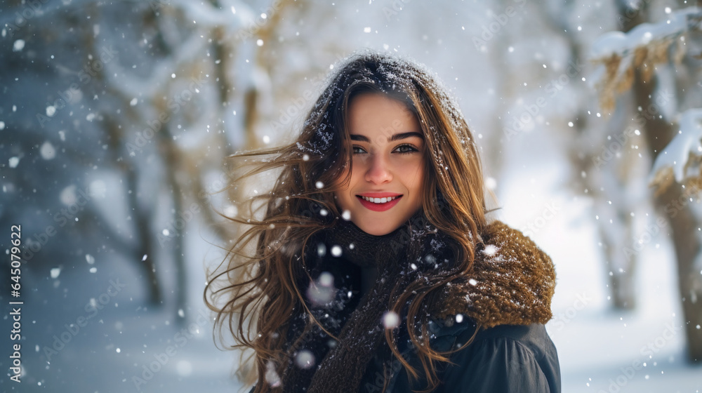 Girl Amidst Snowflakes. eautiful Woman in a Winter Park Girl Amidst Snowflakes. eautiful Woman in a Winter Park