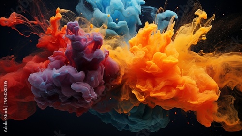 The moment of impact as two colored liquids collide, forming a stunning display of mixing and blending hues © nomi_creative