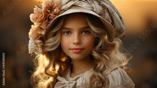 Child in a Victorian-era dress with a bonnet.
