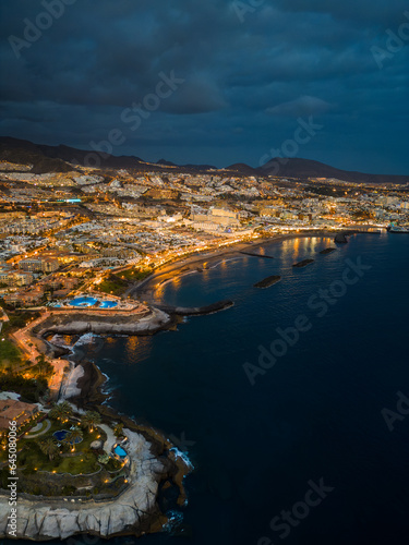 illuminated night city light view  ocean shore  Tenerife  Canary island aerial