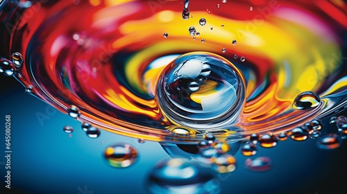 The precise moment a water droplet meets a water surface, creating a splash of colorful ripples