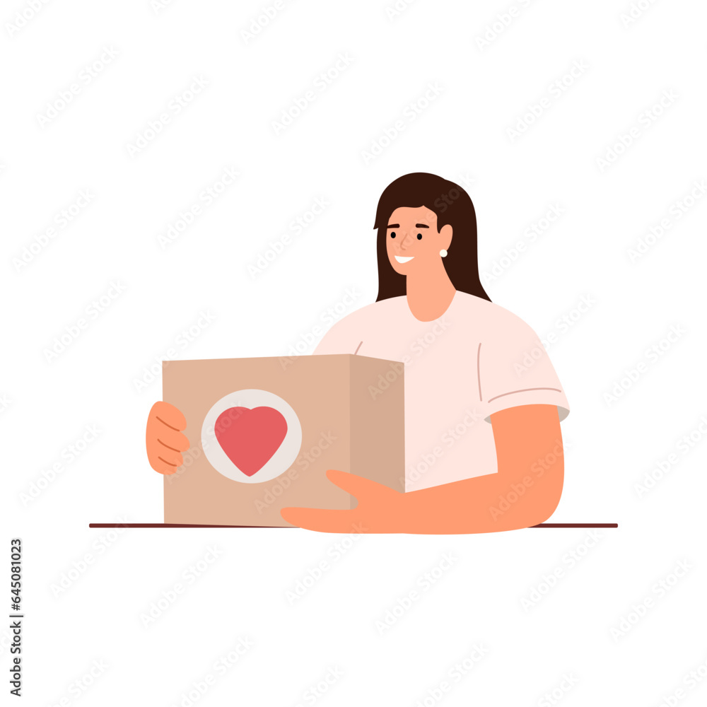 Volunteer girl holding food box. Concept of help, social care, volunteering, support for poor people. Cartoon flat vector illustration. Volunteer girl holding food box. Concept of help, social care, volunteering, support for poor people. Cartoon flat vector illustration.