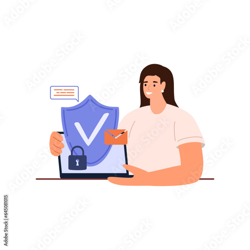 Cyber safety cyber security and privacy concept. Girl cyber defender and laptop. Vector illustration of Security, Personal Access, User Authorization, Internet and Data Protection, Cybersecurity.