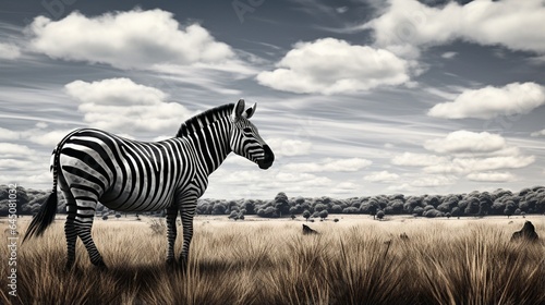 The stark contrast of a black and white zebra grazing in an open field © nomi_creative