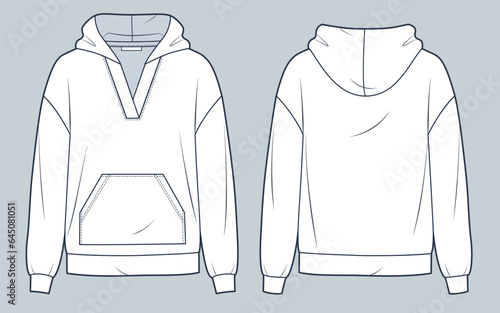 Hooded Sweatshirt technical fashion illustration. Hoodie fashion flat technical drawing template, pocket, v-neck, oversize, front and back view, white, women, men, unisex CAD mockup set.