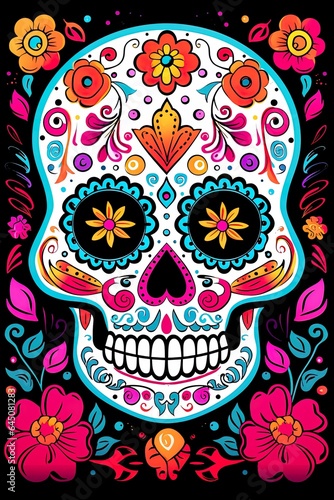 Colorful sugar skull art for Mexican celebration of Day of the Dead. The holiday skull, head is painted with colorful flowers, swirls, and shapes for visual impact. Death festivity.