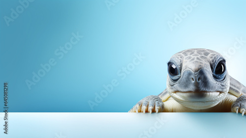 text space for advertising with funny part as portrait of a turtle peeking over a colored panal © bmf-foto.de