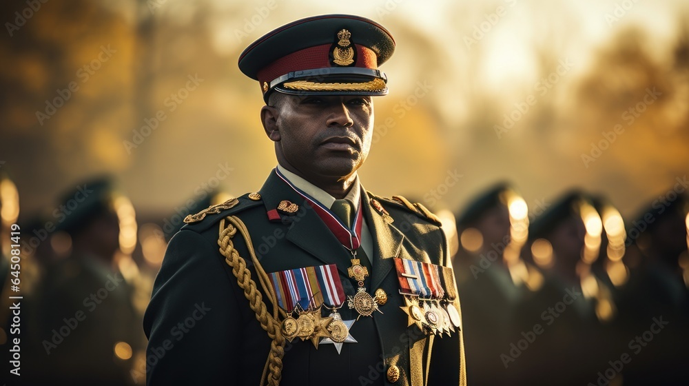 Military officer in a crisp uniform with medals. Military officer in a crisp uniform with medals.