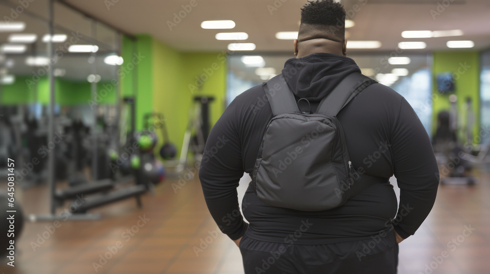A young African American with overweight aspirations for a healthier life and begins at the gym for the first time to engage in fitness, starting the journey towards his well-being A young African American with overweight aspirations for a healthier life and begins at the gym for the first time to engage in fitness, starting the journey towards his well-being