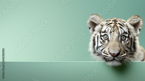 text space for advertising with funny part as portrait of a  tiger peeking over a colored panal