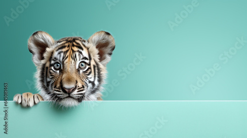 text space for advertising with funny part as portrait of a cute little tiger peeking over a colored panal