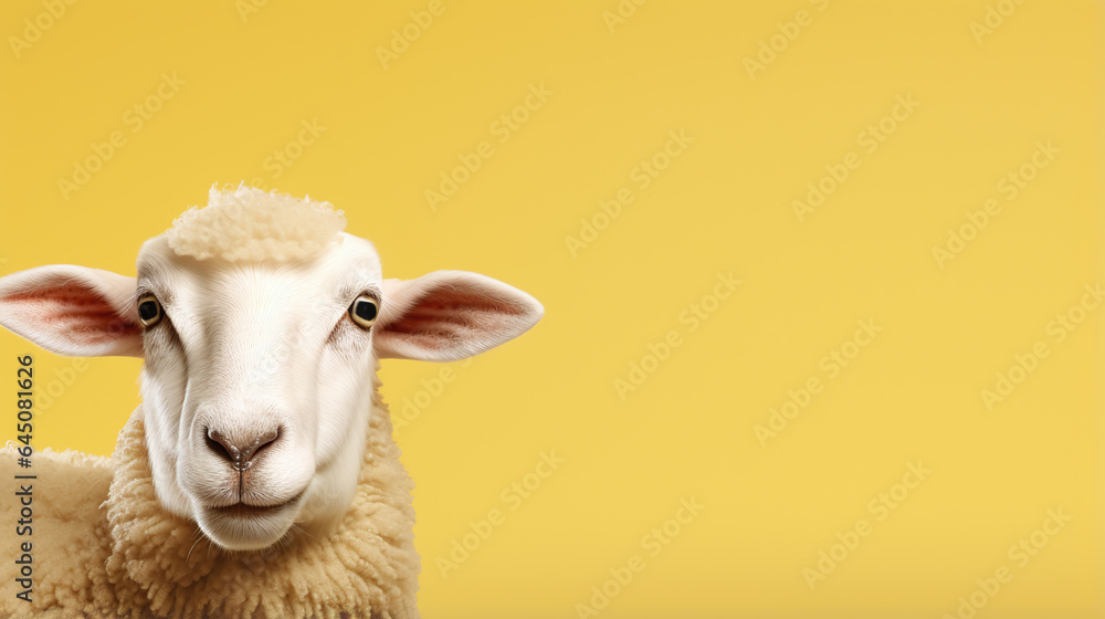 Fototapeta premium text space for advertising with funny part as portrait of a sheep peeking over a colored panal