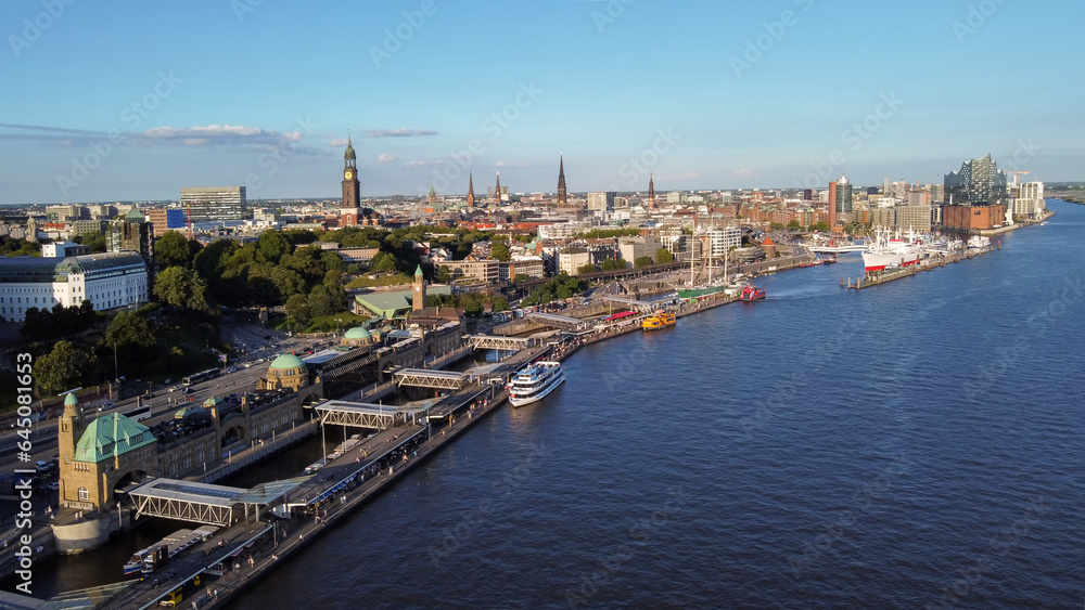 Awe summer Embankment of Hamburg in Centre of city on Norderelbe and towers of Churches and town hall