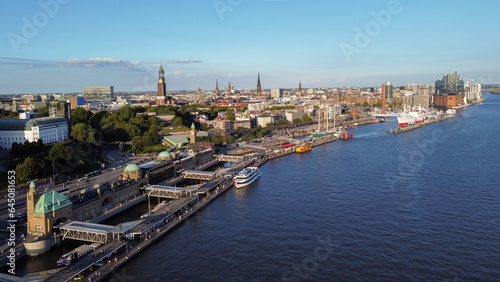 Awe summer Embankment of Hamburg in Centre of city on Norderelbe and towers of Churches and town hall