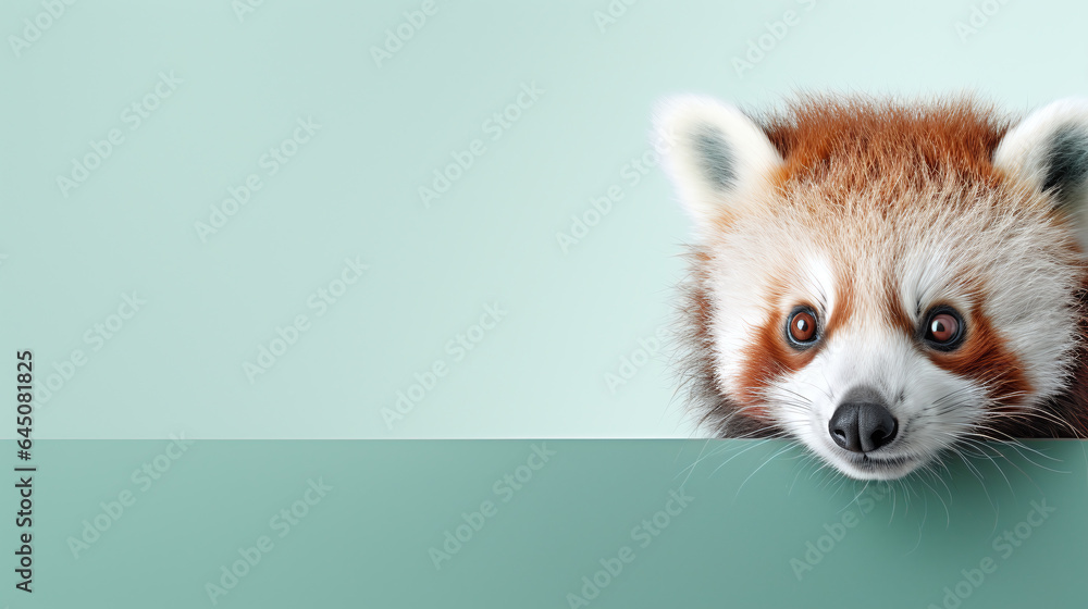 text space for advertising with funny part as portrait of a red panda peeking over a colored panal text space for advertising with funny part as portrait of a red panda peeking over a colored panal