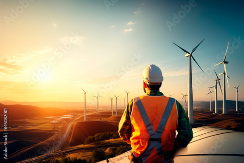 engineer stands on top of a windmill and looks at a beautiful sunset landscape.