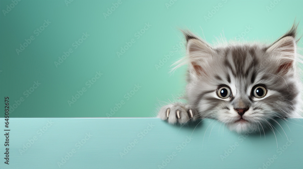 text space for advertising with funny part as portrait of a cat peeking over a colored panal text space for advertising with funny part as portrait of a cat peeking over a colored panal