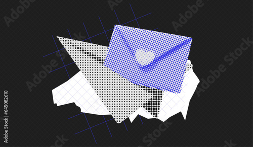 Trendy Halftone Collage Paper Airplane with Envelope. New message concept. Online social media marketing. Vector retro illustration with cutout paper elements. Pop art design