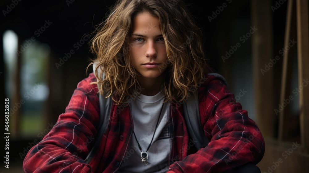 Teenager in a grunge flannel shirt and ripped jeans. Teenager in a grunge flannel shirt and ripped jeans.