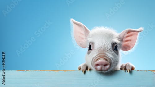 text space for advertising with funny portrait of a cute piglet peeking over a colored panal
