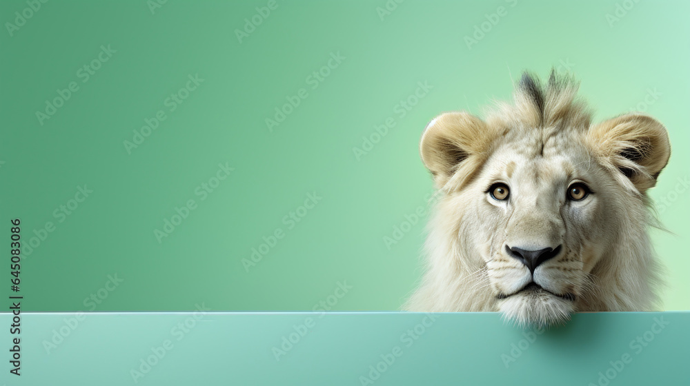 text space for advertising with funny portrait of lion peeking over a colored panal text space for advertising with funny portrait of lion peeking over a colored panal