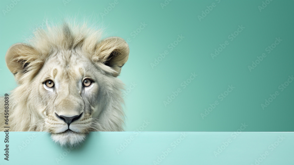 text space for advertising with funny portrait of lion peeking over a colored panal text space for advertising with funny portrait of lion peeking over a colored panal